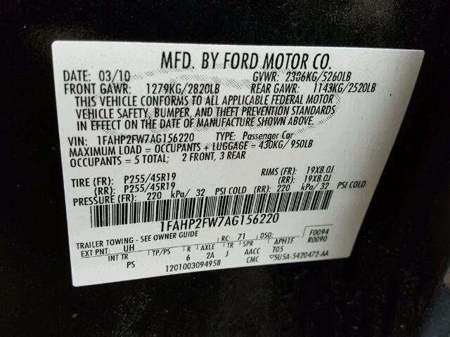 1FAHP2FW7AG156220 - 2010 FORD TAURUS LIM BLACK photo 10