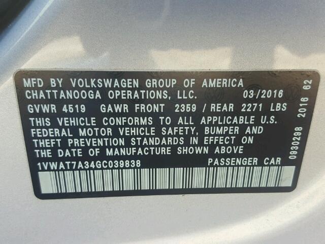 1VWAT7A34GC039838 - 2016 VOLKSWAGEN PASSAT S SILVER photo 10