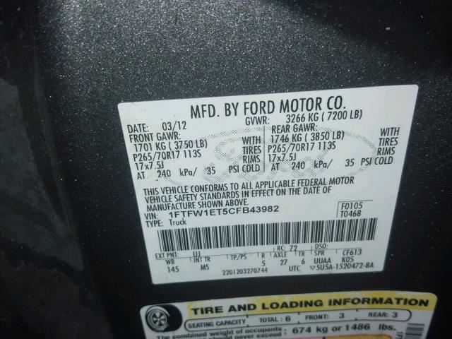 1FTFW1ET5CFB43982 - 2012 FORD F150 SUPER GRAY photo 10