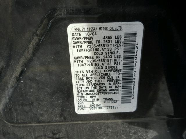 JN8AZ08T75W305402 - 2005 NISSAN MURANO SL BLACK photo 10