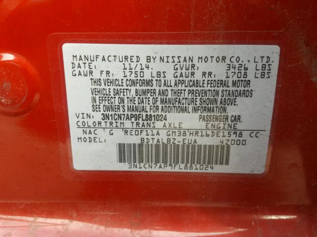 3N1CN7AP9FL881024 - 2015 NISSAN VERSA S RED photo 10