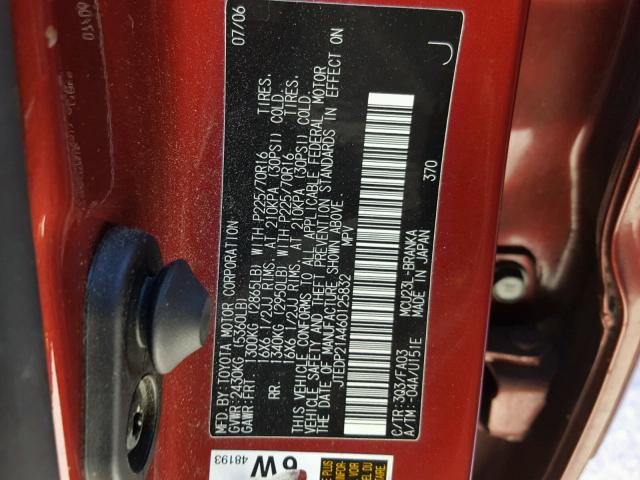 JTEDP21A460125832 - 2006 TOYOTA HIGHLANDER RED photo 10