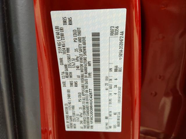 1FMCU0G96HUC42877 - 2017 FORD ESCAPE SE RED photo 10