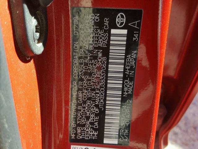 JTDKB20U383370628 - 2008 TOYOTA PRIUS RED photo 10