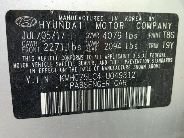 KMHC75LC4HU049312 - 2017 HYUNDAI IONIQ SEL BLUE photo 10