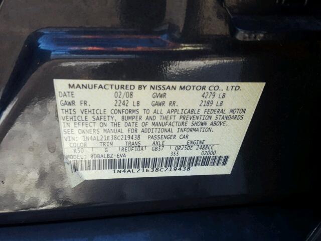 1N4AL21E38C219438 - 2008 NISSAN ALTIMA 2.5 BLACK photo 10