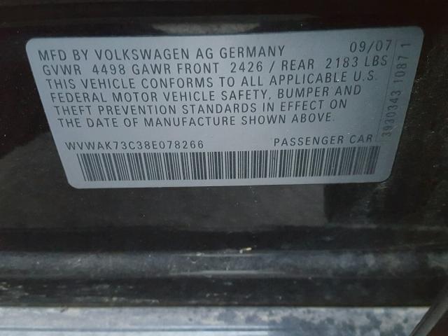 WVWAK73C38E078266 - 2008 VOLKSWAGEN PASSAT KOM BLACK photo 10