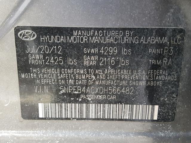 5NPEB4ACXDH566482 - 2013 HYUNDAI SONATA GLS GRAY photo 10