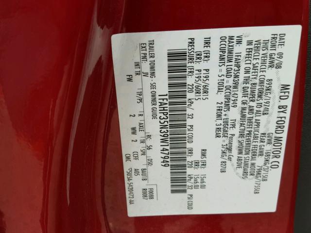 1FAHP35N39W147949 - 2009 FORD FOCUS SE RED photo 10