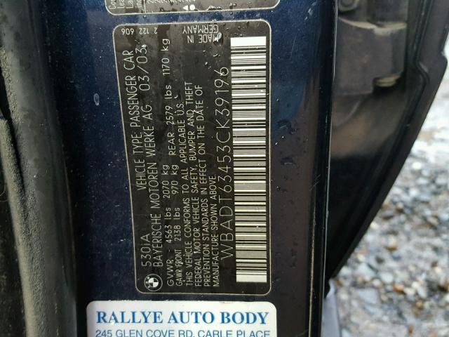 WBADT63453CK39196 - 2003 BMW 530 I AUTO BLUE photo 10
