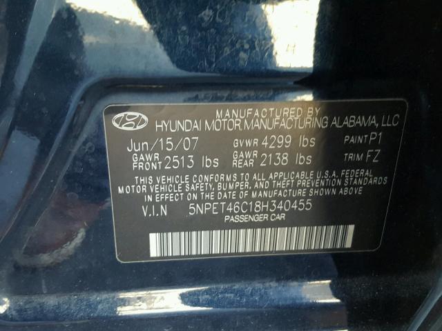 5NPET46C18H340455 - 2008 HYUNDAI SONATA GLS BLUE photo 10