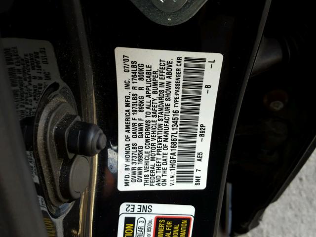 1HGFA16867L134516 - 2007 HONDA CIVIC EX BLACK photo 10