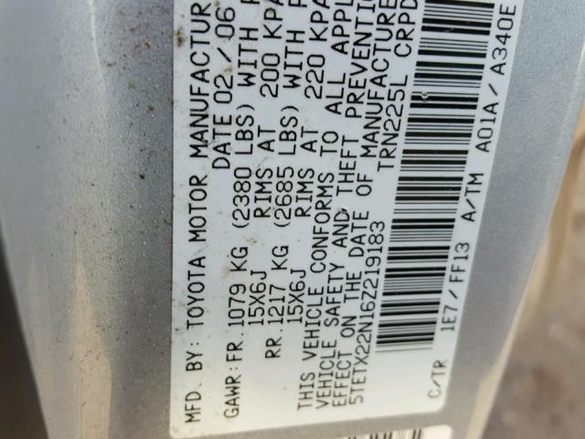 5TETX22N16Z219183 - 2006 TOYOTA TACOMA ACC SILVER photo 10