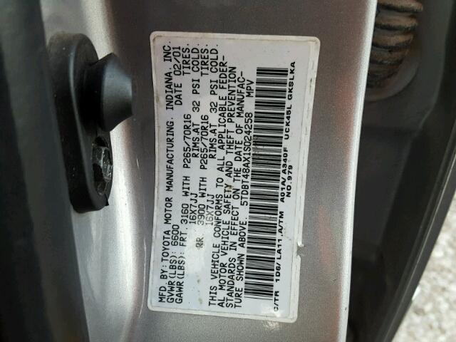 5TDBT48AX1S024258 - 2001 TOYOTA SEQUOIA LI SILVER photo 10