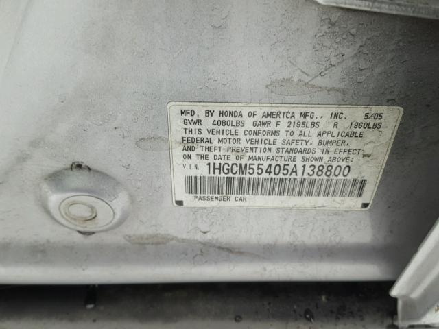 1HGCM55405A138800 - 2005 HONDA ACCORD LX SILVER photo 10