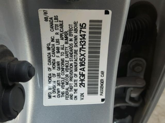 2HGFA165X7H314715 - 2007 HONDA CIVIC LX SILVER photo 10