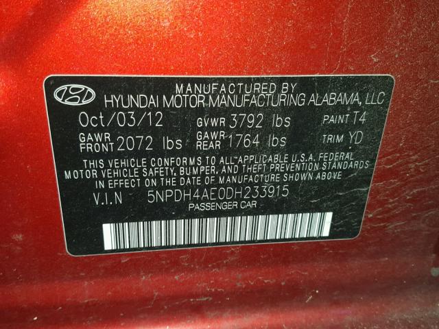 5NPDH4AE0DH233915 - 2013 HYUNDAI ELANTRA GL RED photo 10