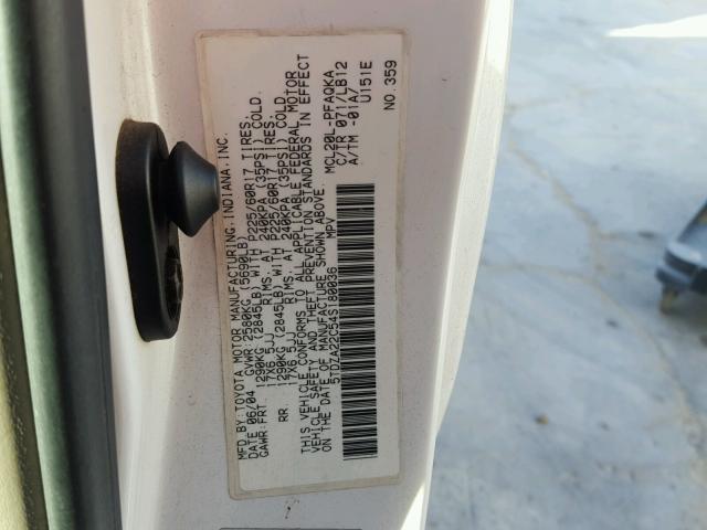 5TDZA22C54S180036 - 2004 TOYOTA SIENNA XLE WHITE photo 10