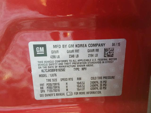 KL7CJKSB9FB192582 - 2015 CHEVROLET TRAX LS RED photo 10