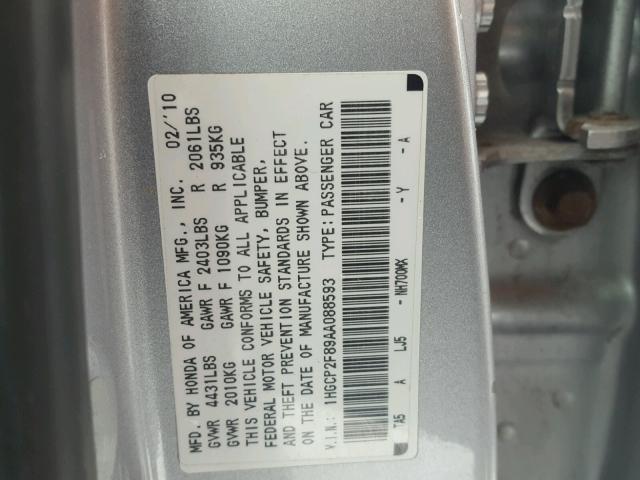 1HGCP2F89AA088593 - 2010 HONDA ACCORD EXL GRAY photo 10