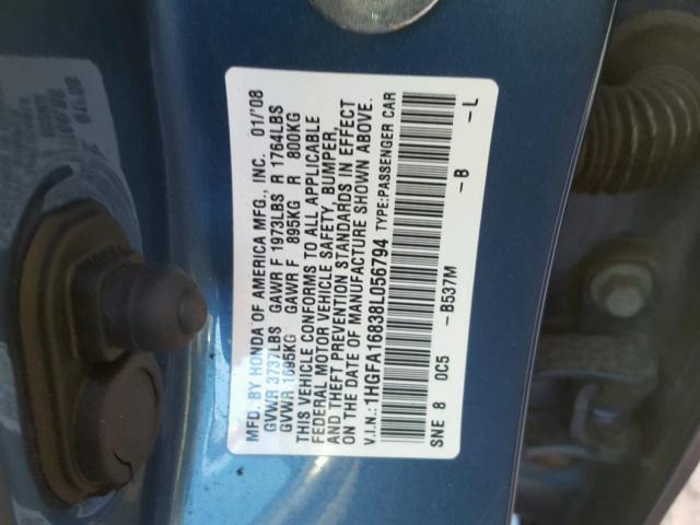 1HGFA16838L056794 - 2008 HONDA CIVIC EX BLUE photo 10