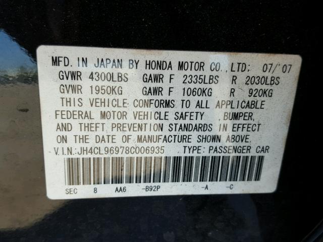 JH4CL96978C006935 - 2008 ACURA TSX BLACK photo 10