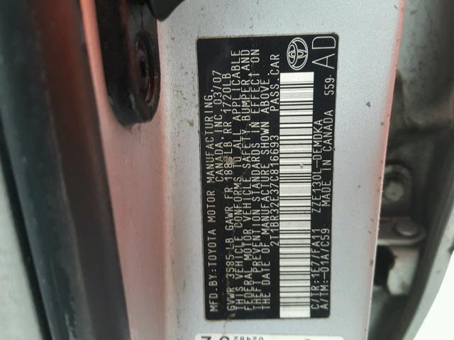 2T1BR32E37C816693 - 2007 TOYOTA COROLLA CE SILVER photo 10