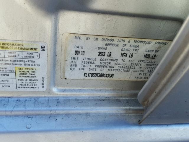 KL1TD5DE3BB143530 - 2011 CHEVROLET AVEO LS SILVER photo 10