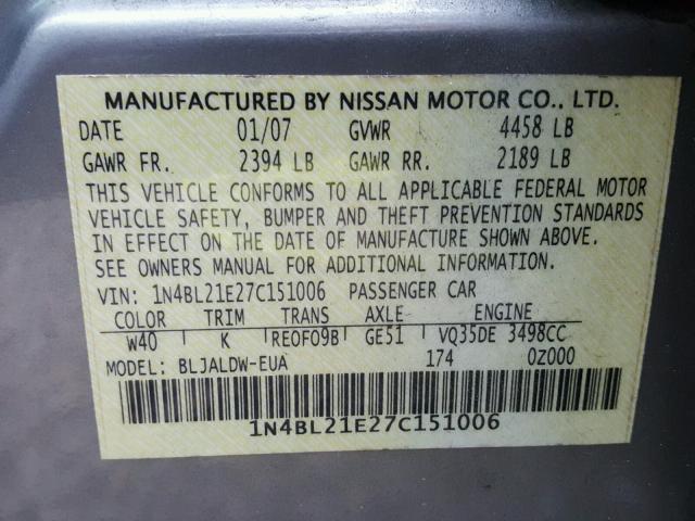 1N4BL21E27C151006 - 2007 NISSAN ALTIMA 3.5 GRAY photo 10