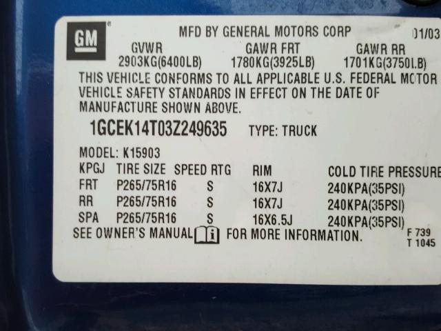 1GCEK14T03Z249635 - 2003 CHEVROLET SILVERADO BLUE photo 10