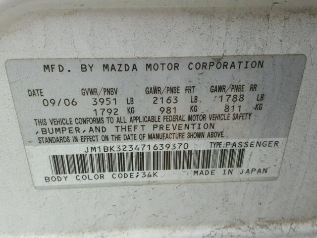 JM1BK323471639370 - 2007 MAZDA 3 S WHITE photo 10