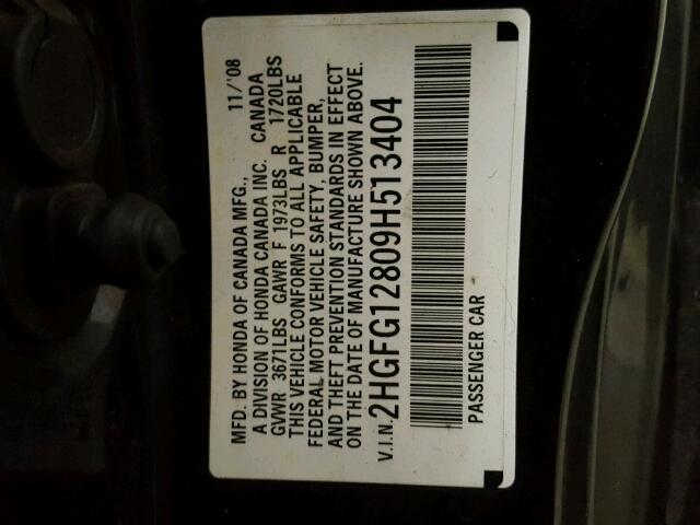 2HGFG12809H513404 - 2009 HONDA CIVIC EX შავი ფოტო 10
