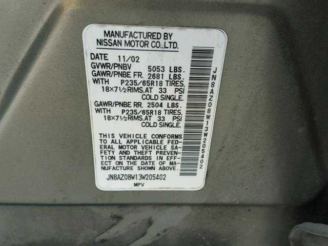 JN8AZ08W13W205402 - 2003 NISSAN MURANO SL GRAY photo 10