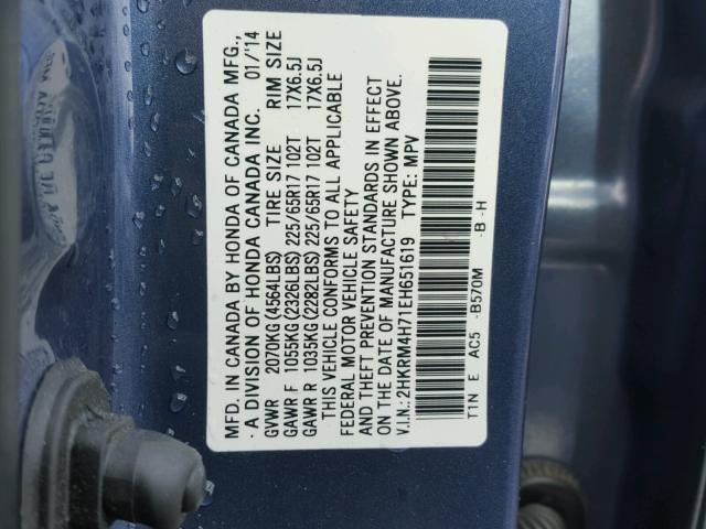 2HKRM4H71EH651619 - 2014 HONDA CR-V EXL BLUE photo 10