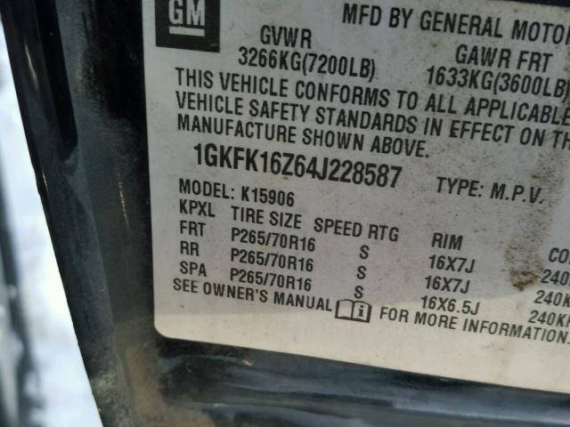 1GKFK16Z64J228587 - 2004 GMC YUKON XL K BLACK photo 10