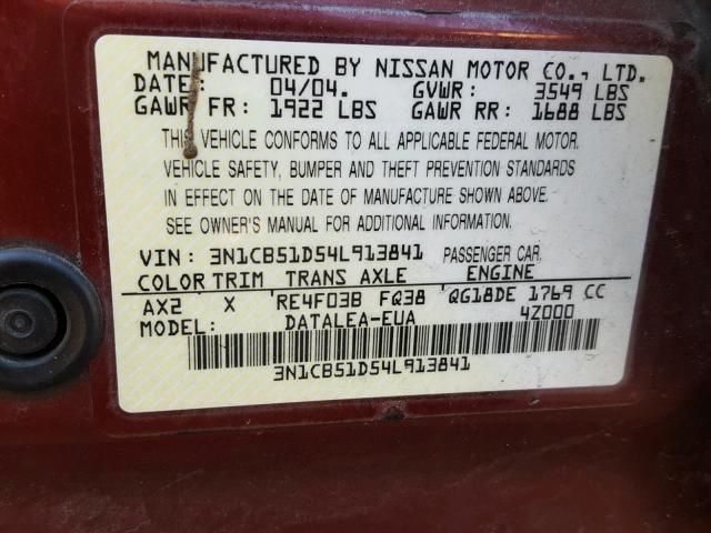 3N1CB51D54L913841 - 2004 NISSAN SENTRA 1.8 RED photo 10