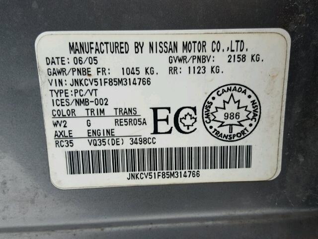 JNKCV51F85M314766 - 2005 INFINITI G35 SILVER photo 10