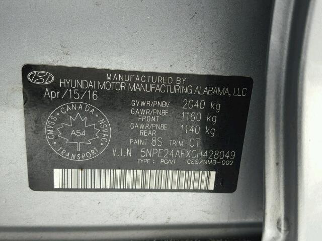 5NPE24AFXGH428049 - 2016 HYUNDAI SONATA SE GRAY photo 10