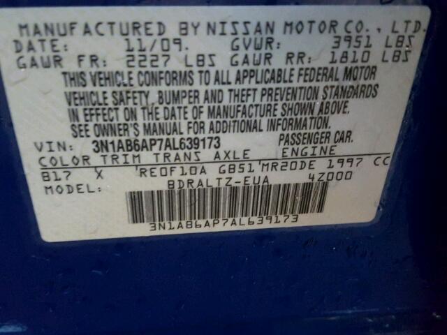 3N1AB6AP7AL639173 - 2010 NISSAN SENTRA 2.0 BLUE photo 10