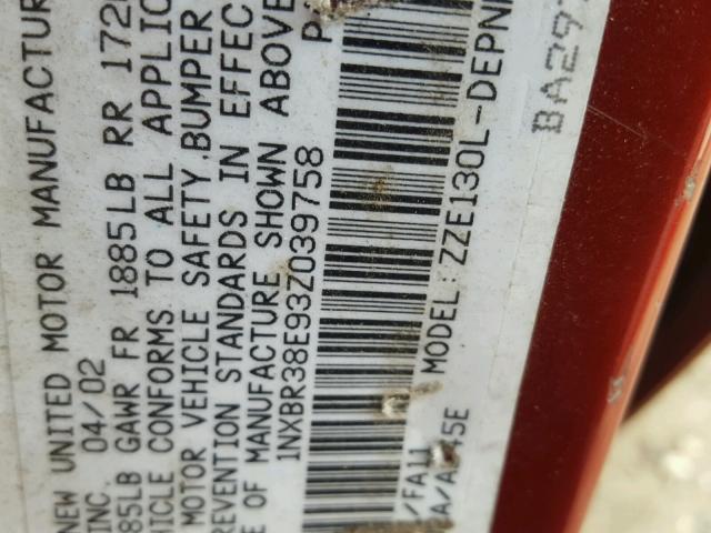 1NXBR38E93Z039758 - 2003 TOYOTA COROLLA CE RED photo 10