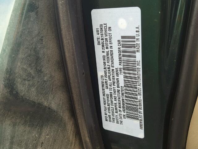 4S3BH806817667072 - 2001 SUBARU LEGACY OUT GREEN photo 10