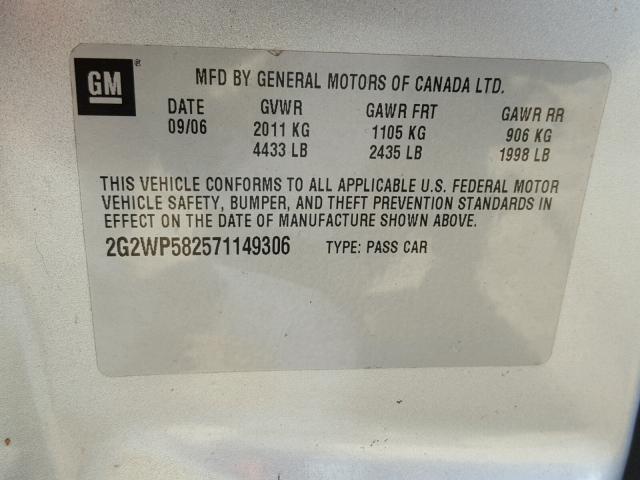 2G2WP582571149306 - 2007 PONTIAC GRAND PRIX SILVER photo 10