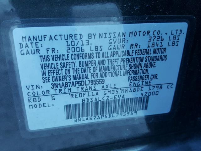 3N1AB7AP5DL795559 - 2013 NISSAN SENTRA S GRAY photo 10