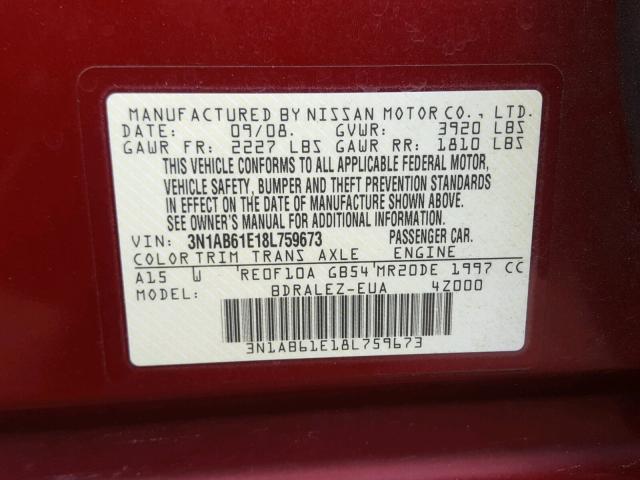 3N1AB61E18L759673 - 2008 NISSAN SENTRA 2.0 BURGUNDY photo 10