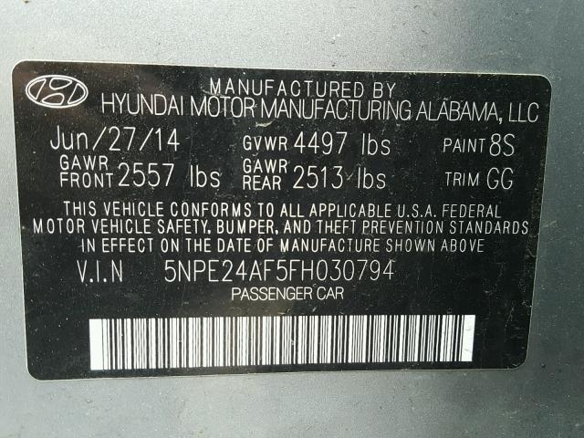 5NPE24AF5FH030794 - 2015 HYUNDAI SONATA SE GRAY photo 10