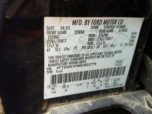 1FTSW21P86EB22776 - 2006 FORD F250 SUPER BLUE photo 10