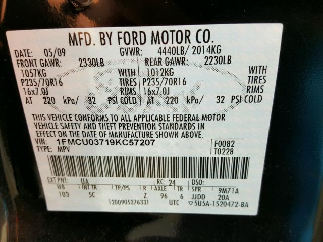 1FMCU03719KC57207 - 2009 FORD ESCAPE XLT BLACK photo 10