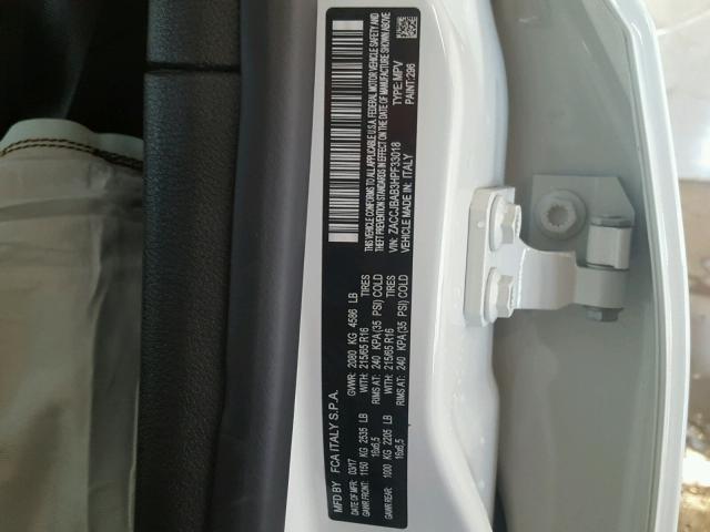 ZACCJBAB3HPF33018 - 2017 JEEP RENEGADE S თეთრი ფოტო 10