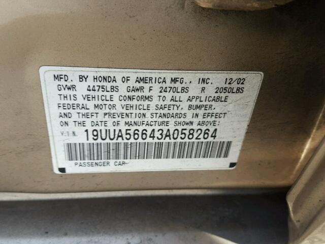 19UUA56643A058264 - 2003 ACURA 3.2TL TAN photo 10