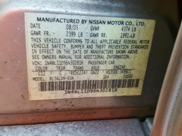 1N4BL11D96N302816 - 2006 NISSAN ALTIMA SE GOLD photo 10